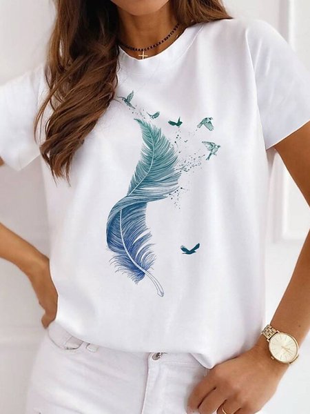 

Casual Round Neck Feather Short Sleeve T-Shirt, White, T-Shirts