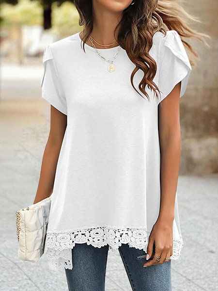 

White Lace Panel Tulip Short Sleeve Top, Shirts & Blouses