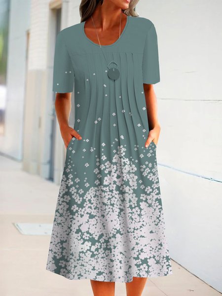 

Casual Floral Short Sleeve Round Neck Plus Size Printed Dress, Green, Midi Dresses