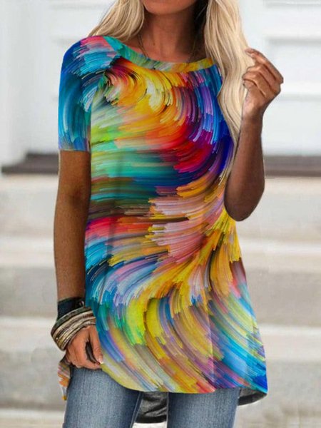 

Casual Short Sleeve Round Neck Plus Size Printed Tops T-shirts, Multicolor, T-Shirts