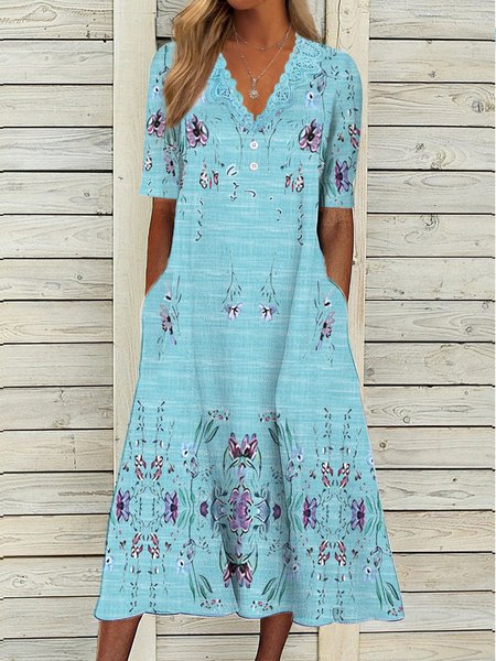 

JFN V Neck Floral Casual Midi Dresses, Blue, Dresses
