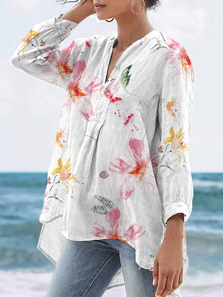 

Floral Loose Casual Long Sleeve Top, White, Blouses & Shirts