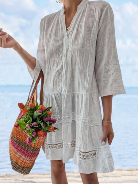 

Cotton Blends Long Sleeve Woven Dress, White, Dresses