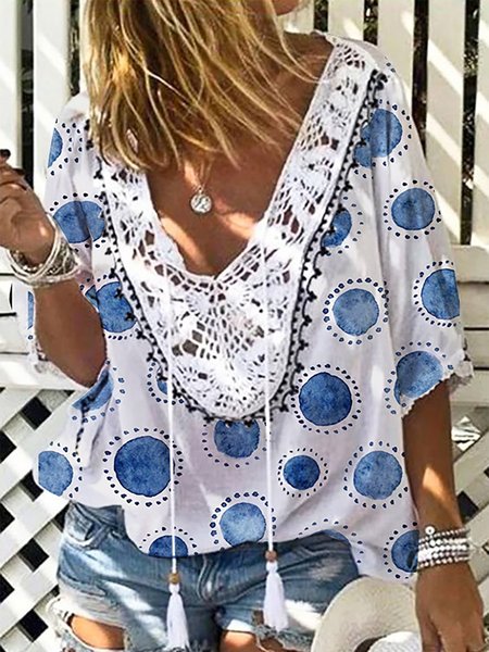 

Watercolor Polka Dot Lace Collar Half Sleeve Top, Blue, Shirts & Blouses