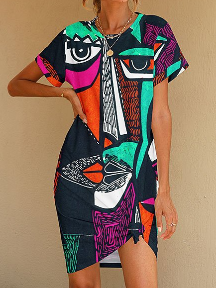 

Colorful abstract face print Vintage Short Sleeve Knit Dress, Multicolor, Dresses