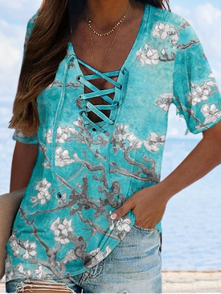 

V Neck Cotton Blends Short Sleeve T-Shirt, Cyan, Tops