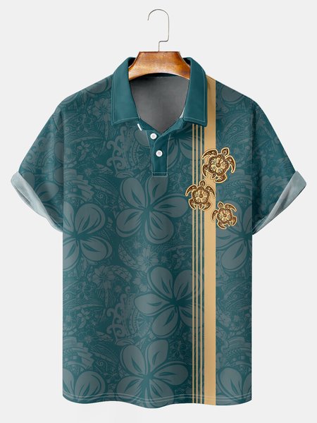 

Resort-Inspired Hawaiian Geometric Striped Turtle Element Lapels Short-Sleeved Polo Print Tops, Lake blue, Men's t-shirts