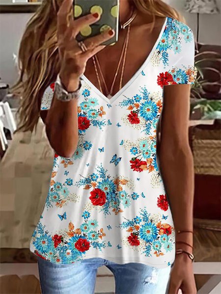 

Floral Design Short Sleeve V-Neck Top, White, T-Shirts