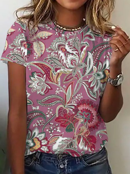 Casual Short Sleeve T-Shirt, Flower, T-Shirts