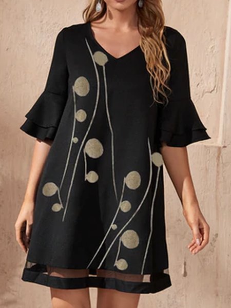 

Casual Loosen Geometric Short Sleeve Woven Dress, Black, Dresses