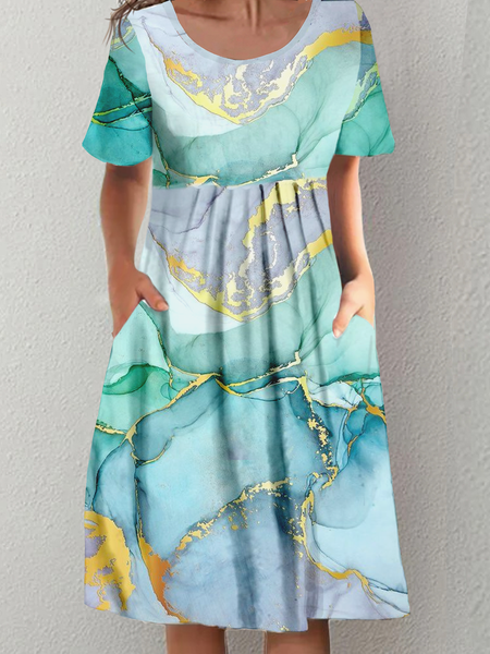 

Sea Crew Neck Short Sleeve Knit Dress, Cyan, Mini Dresses
