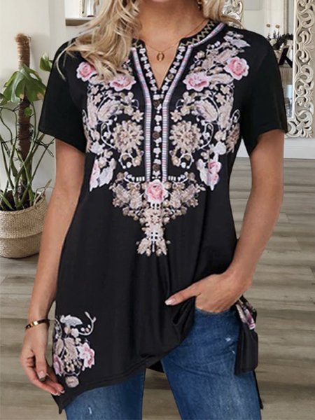 

Tribal Notched Short Sleeve Plus Size Casual T-Shirt, Black, T-Shirts