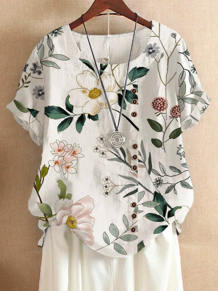 

Plus size Floral Casual Short Sleeve Tops, White, Tops
