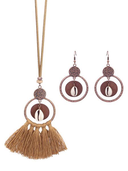 

JFN 3PC Retro Style Holiday Leisure Geometric Hollow Tassel Earrings Necklace Set, Coffee, Necklaces