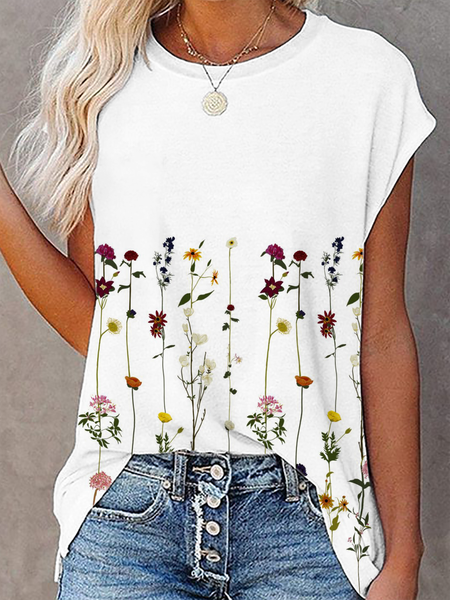 Crew Neck Casual Floral Short Sleeve T-Shirt, White, T-Shirts