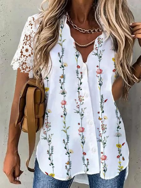 

Floral V Neck Lace Short Sleeve Plus Size Casual Shirts, White, Blouses & Shirts