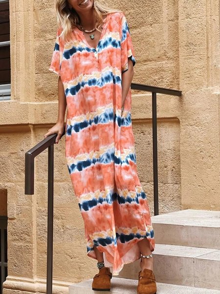 

Casual V Neck Printed Short Sleeve Loosen Woven Dress, Multicolor, Dresses
