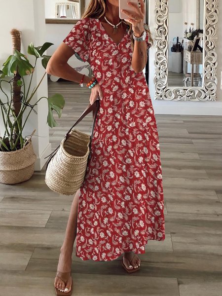 

Casual Floral Short Sleeve V Neck Plus Size Printed Dress, Red, Maxi Dresses