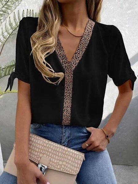 

Leopard V Neck Casual Short Sleeve Tops, Black, Tops