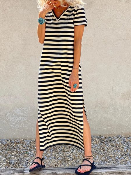 Casual V neck Striped Short Sleeve Knit Dress, Black, Dresses