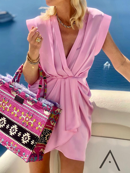 Plus size V Neck Sleeveless Vacation Dresses, Pink, Mini Dresses