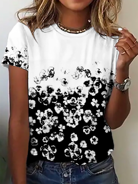 

Plus size Crew Neck Casual Floral Short Sleeve T-Shirt, Black-white, T-Shirts