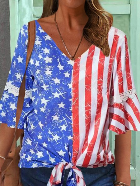 

Star Casual V Neck Short Sleeve Tops, Flower, T-Shirts