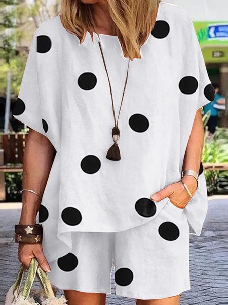 

Summer Polka Dot Print Crew Neck Loosen Two-Piece Set, White, Suits