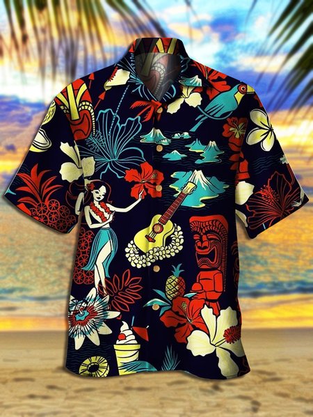 

Men's Music Print Casual Breathable Hawaiian Short Sleeve Shirt, Black, Men's Floral shirt