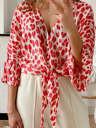 

Polka Dots V Neck Polka Dots Casual Long Sleeve Tops, Red, Tops