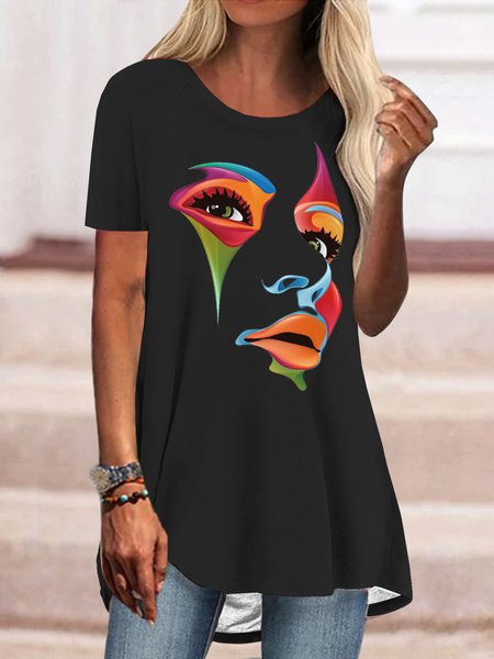 

Color block abstract face loose top T-shirt plus size, Black, T-Shirts