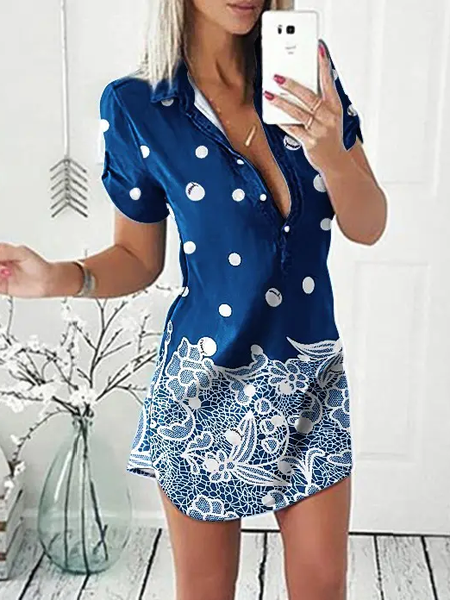 

Casual Loosen Cotton Blends Short Sleeve Woven Dress, Blue, Dresses
