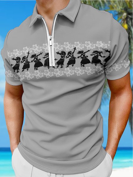 

Holiday Hawaiian Collection Floral Hula Character Pattern Lapel Short Sleeve Polo Print Top, Gray, Men's t-shirts