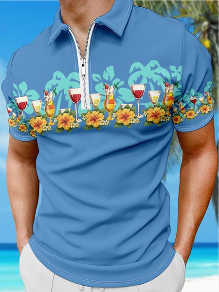 

Resort-Style Hawaiian Cocktail Leaf Floral Pattern Lapel Short-Sleeved Polo Print Top, Blue, Men's t-shirts
