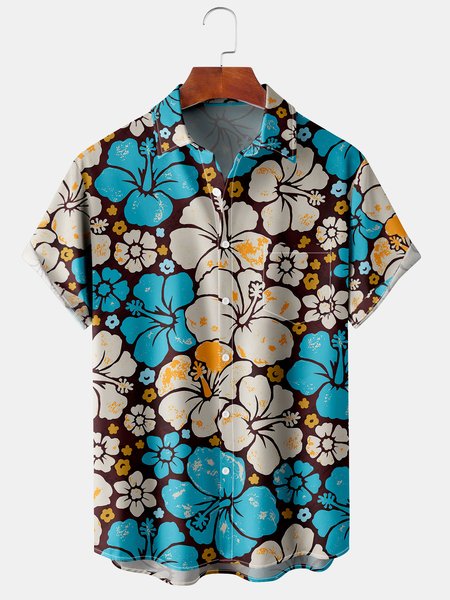 

Hibiscus Graphic Men's Casual Short Sleeve Chest Pocket Hawaiian Shirt, Blue, Men's Floral shirt