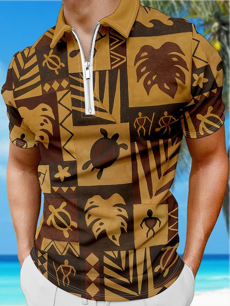 

Resort Style Hawaii Series Marine Elements Turtle Coconut Tree Element PatternLapel Short-Sleeved Polo Print Top, Brown, Men's t-shirts