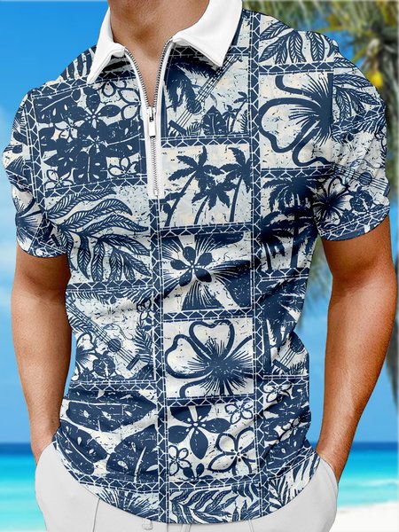 

Resort Style Hawaiian Series Geometric Plant And Floral Elements Pattern Lapel Short-Sleeved Polo Print Top, Deep blue, Men's t-shirts
