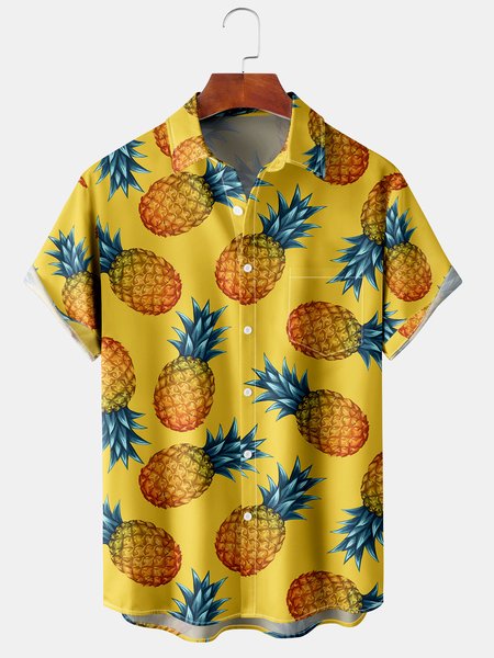 Pineapple Graphic Men's Casual Short Sleeve Chest Pocket Hawaiian Shirt, Yellow, Men's Floral shirt