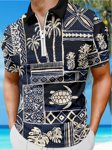 

Resort Style Hawaii Series Striped Geometric Plant Coconut Tree Turtle Element Pattern Lapel Short-Sleeved Polo Print Top, Deep blue, Men's t-shirts