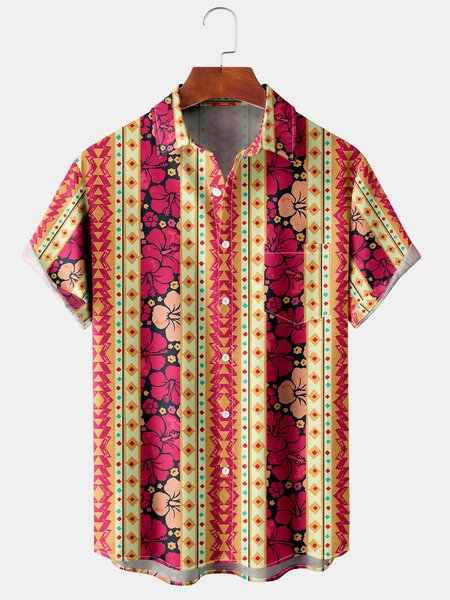 

Hibiscus Graphic Men's Casual Short Sleeve Chest Pocket Hawaiian Shirt, Red, Men's Floral shirt