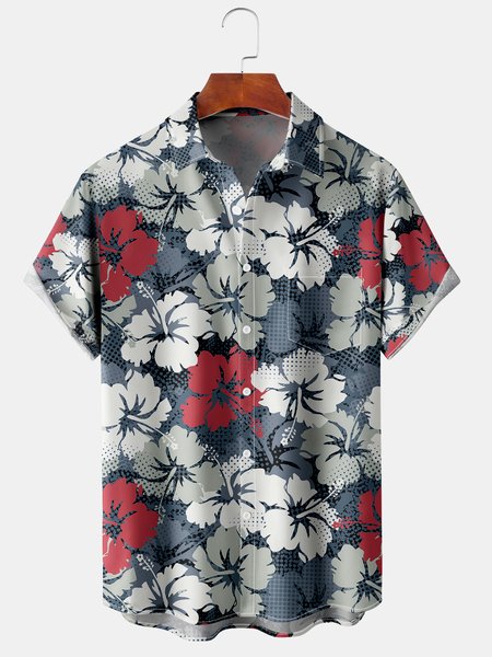 

Hibiscus Graphic Men's Casual Short Sleeve Chest Pocket Hawaiian Shirt, Deep blue, Men's Floral shirt