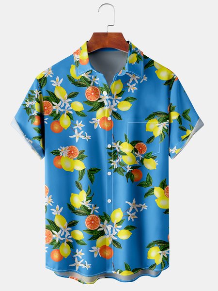 

Lemon Graphic Men's Casual Short Sleeve Chest Pocket Hawaiian Shirt, Blue, Men's Floral shirt