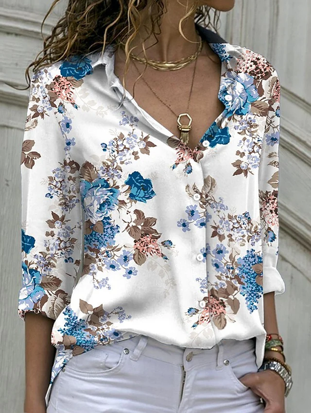 

Floral Casual Vacation Regular Fit Cotton Blends Long Sleeve Blouse, White, Blouses & Shirts