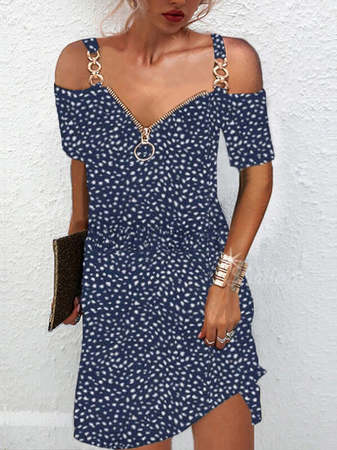 

V Neck Geometric Short Sleeve Knit Dress, Blue, Dresses