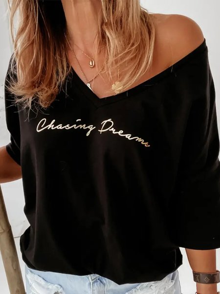 

Casual Three Quarter V Neck Plus Size Printed Tops T-shirts, Black, T-Shirts