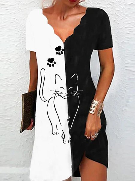 

Cute Pattern Casual Color Block Short Sleeve Woven Dress, Black, Dresses