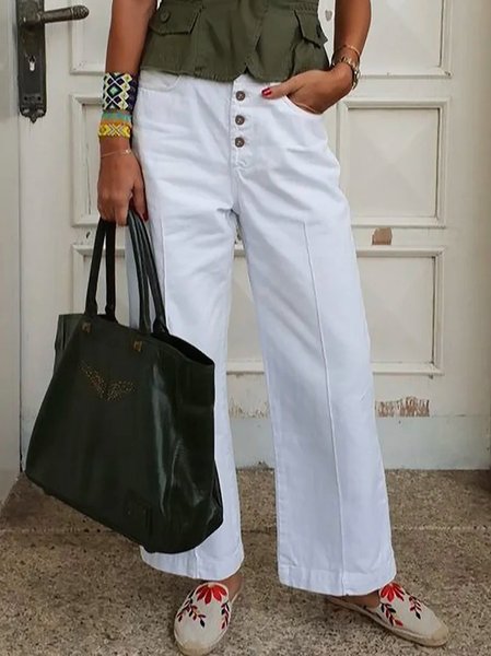Plain Pockets Plus Size Buttoned Casual Pants, White, Pants