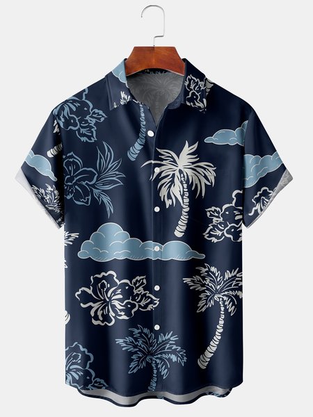 

Men's Coconut Tree Print Casual Breathable Short Sleeve Hawaiian Shirt, Purplish blue, Men's Floral shirt
