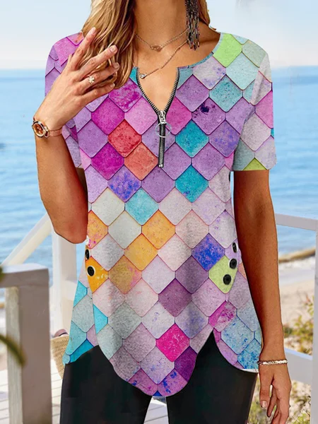 

Gradient Mermaid color block zipper irregular hem top T-shirt plus size tunic, Multicolor, Shirts & Blouses