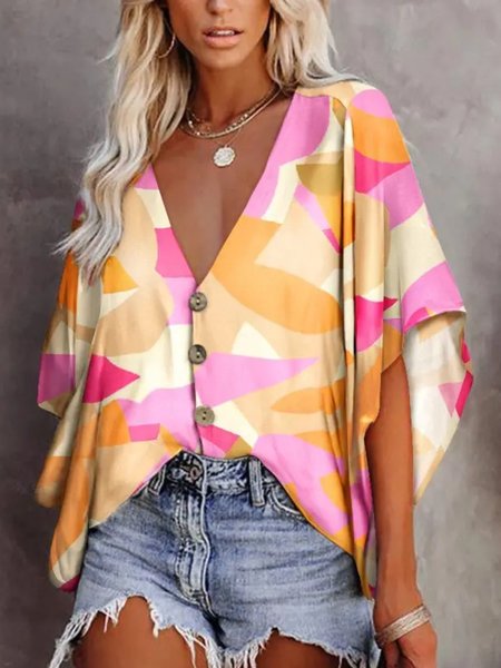 

Casual Half Sleeve V Neck Plus Size Printed Blouses, Multicolor, Blouses & Shirts